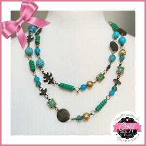 Long Necklace with Blue and Green Accents in Vintage Brass/Gold